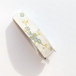 Vintage Hand Painted Enamel Metal Barrette,  White with Blue Flowers